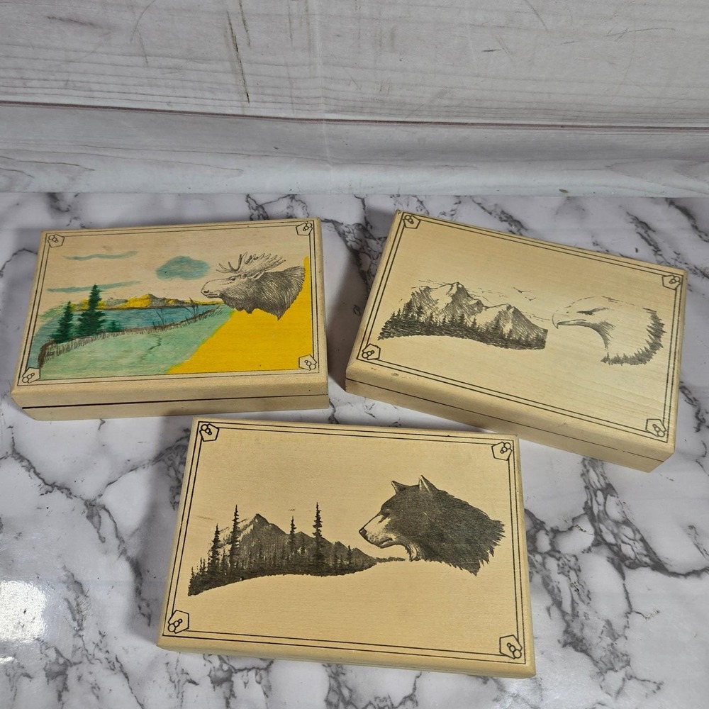 Fury Collectibles knife Wooden Boxes Set of 3 Wolf Eagle Moose‎ Trinket Storage